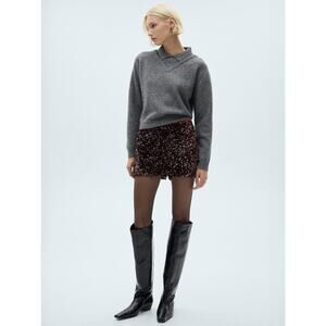 Mango MNG Sequin Shorts Women's US Size M Burgundy Stretch Pull on NEW